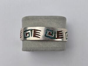 Navajo Sterling Silver Crushed Chip Turquoise & Coral Flush Cuff Bracelet 7.5"